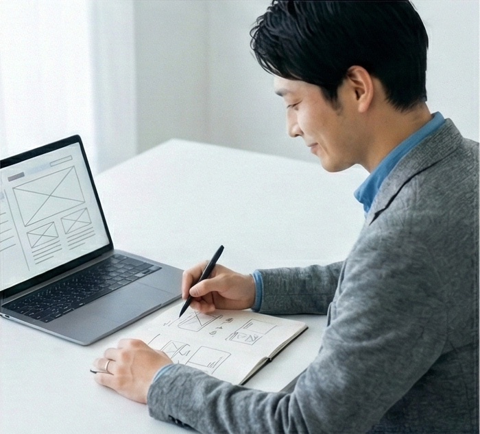 ノートPCでワイヤーフレームを見る男性