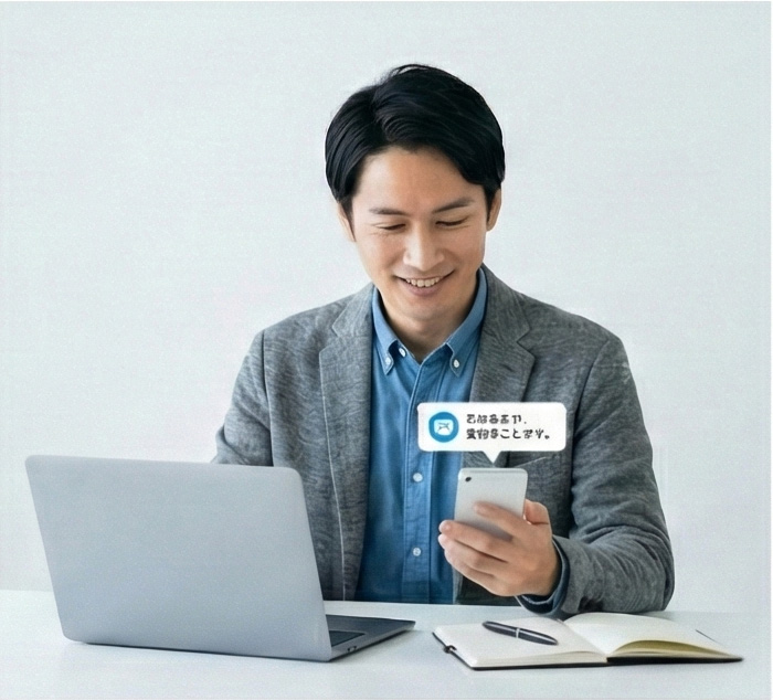 スマートフォンを見ながらノートPCで作業する男性